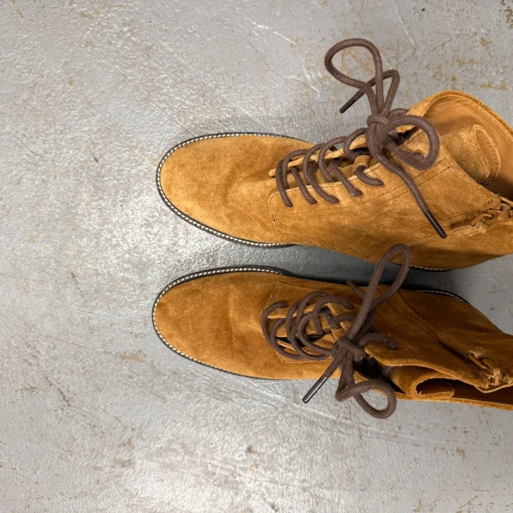 Tory Burch Miller Combat Boots Tan Suede Lug Sole Side Zip 9.5M‎
